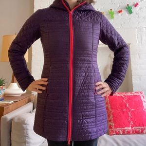 Title Nine lightweight long hooded quilted puffer in purple, S